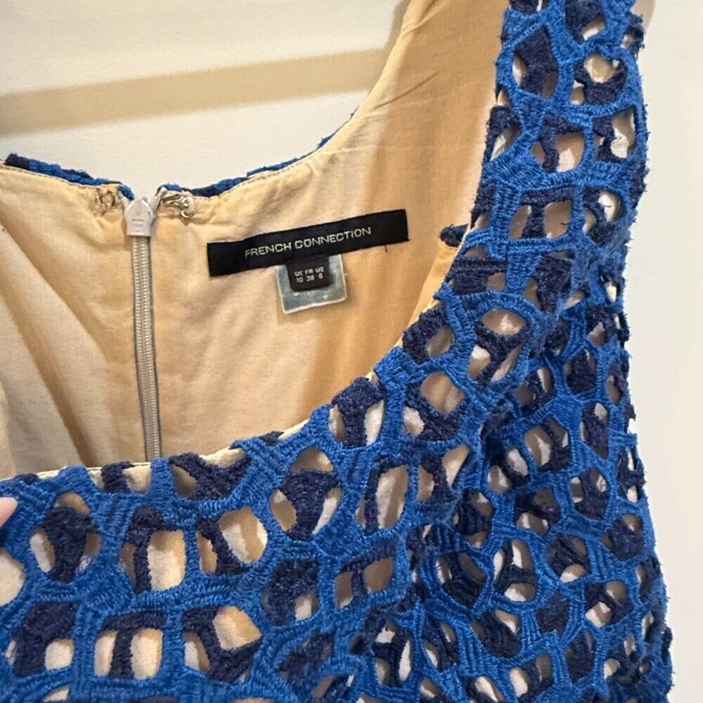 French Connection Wilma Blue Crochet Knit Mini Dress Size 6 Summer Boho - Picture 11 of 13